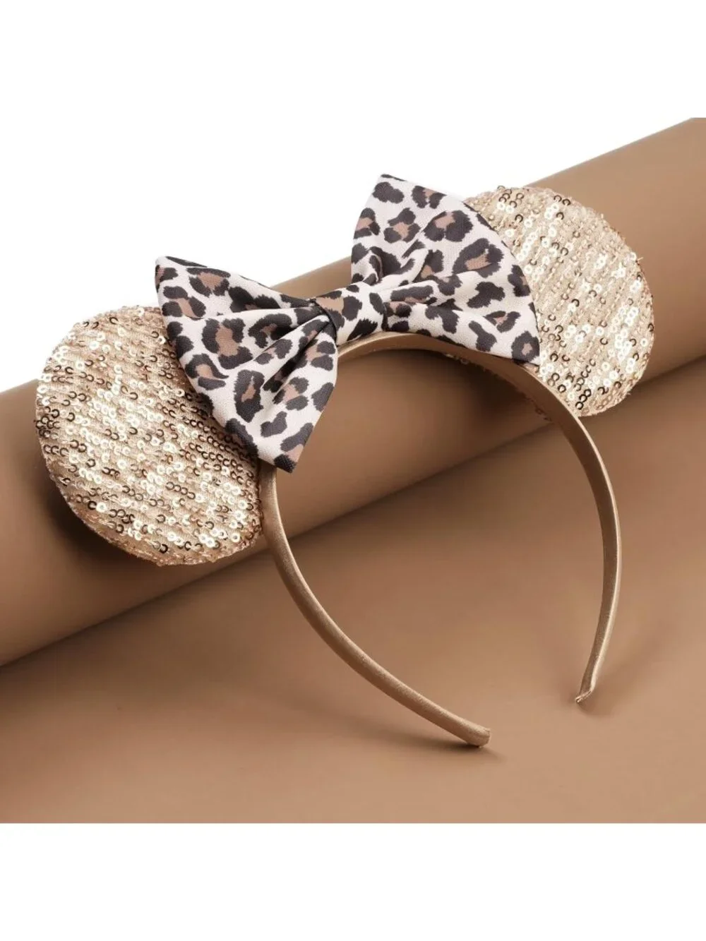 Women Leopard Polyester Sparkle Sequins Mickey Mouse Hair Bow Handmade Headband